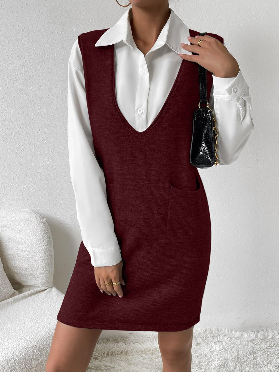 Burgundy knit sleeveless mini dress with V-neck and patch pockets.
