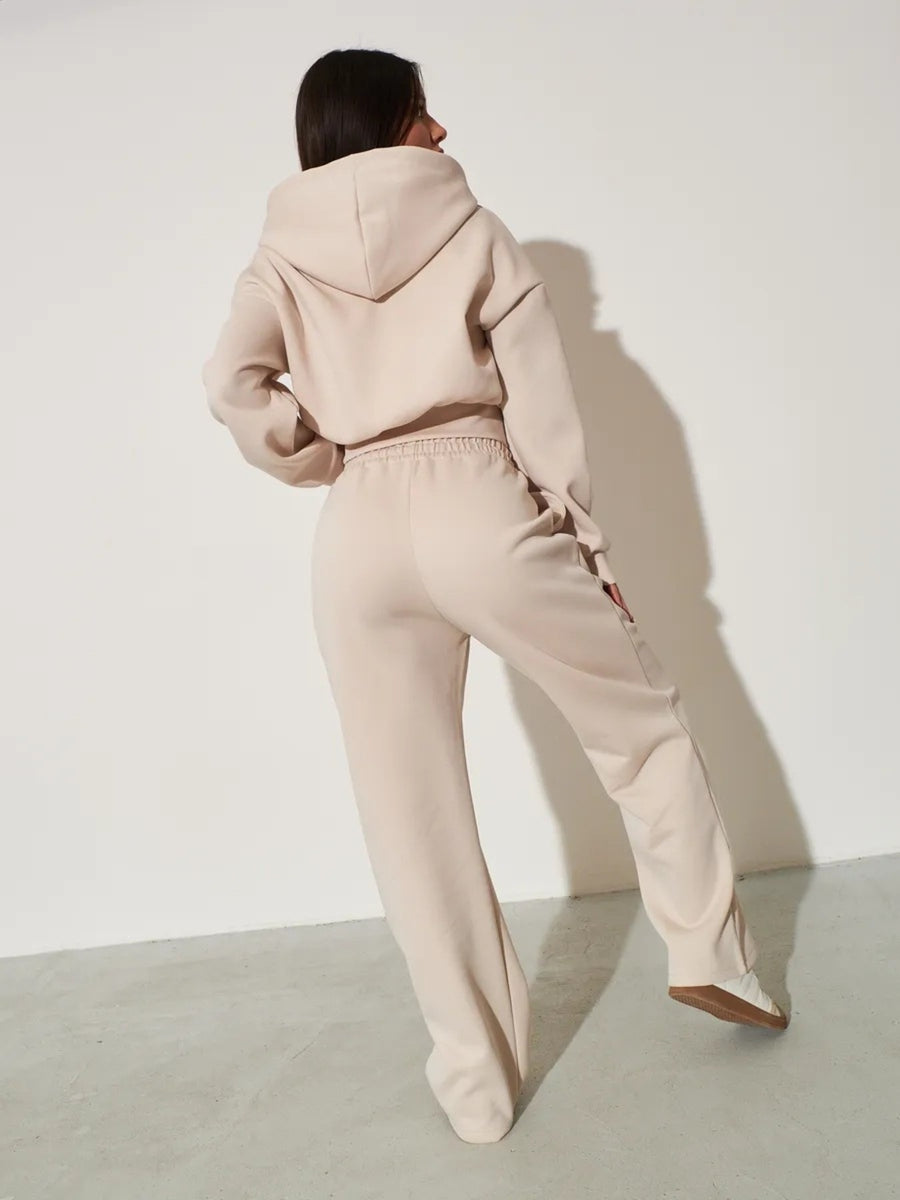 athleisure lounge set in light beige with hooded