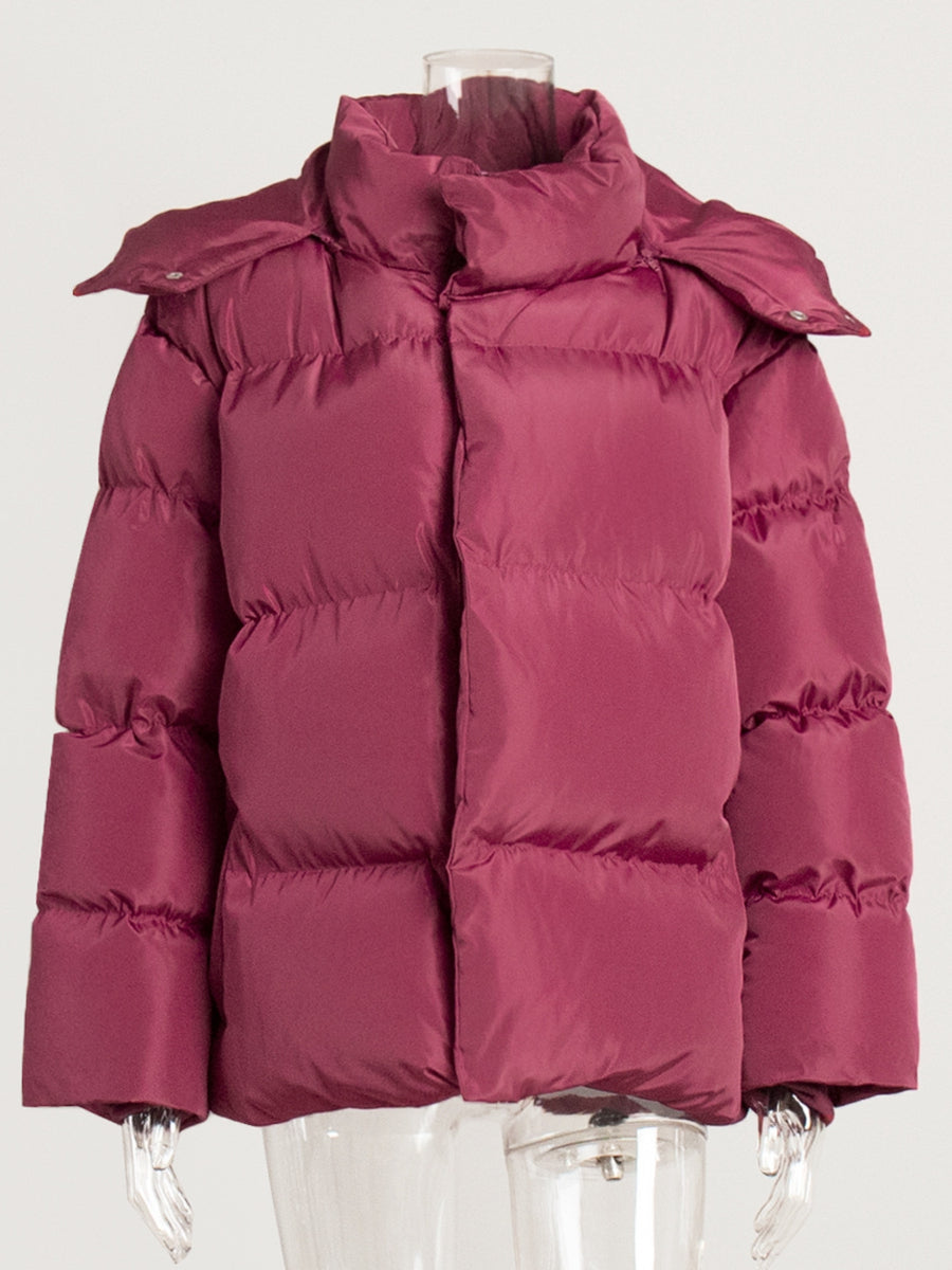 Maroon puffer jacket with high neck and long sleeves