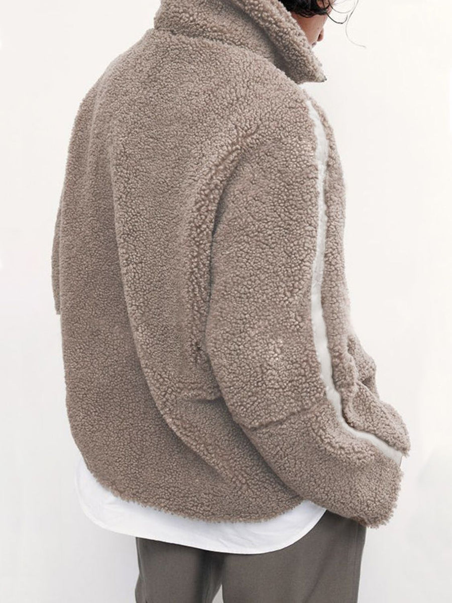 Teddy fleece zip-up jacket in Mocha with contrast piping detail on sleeve
