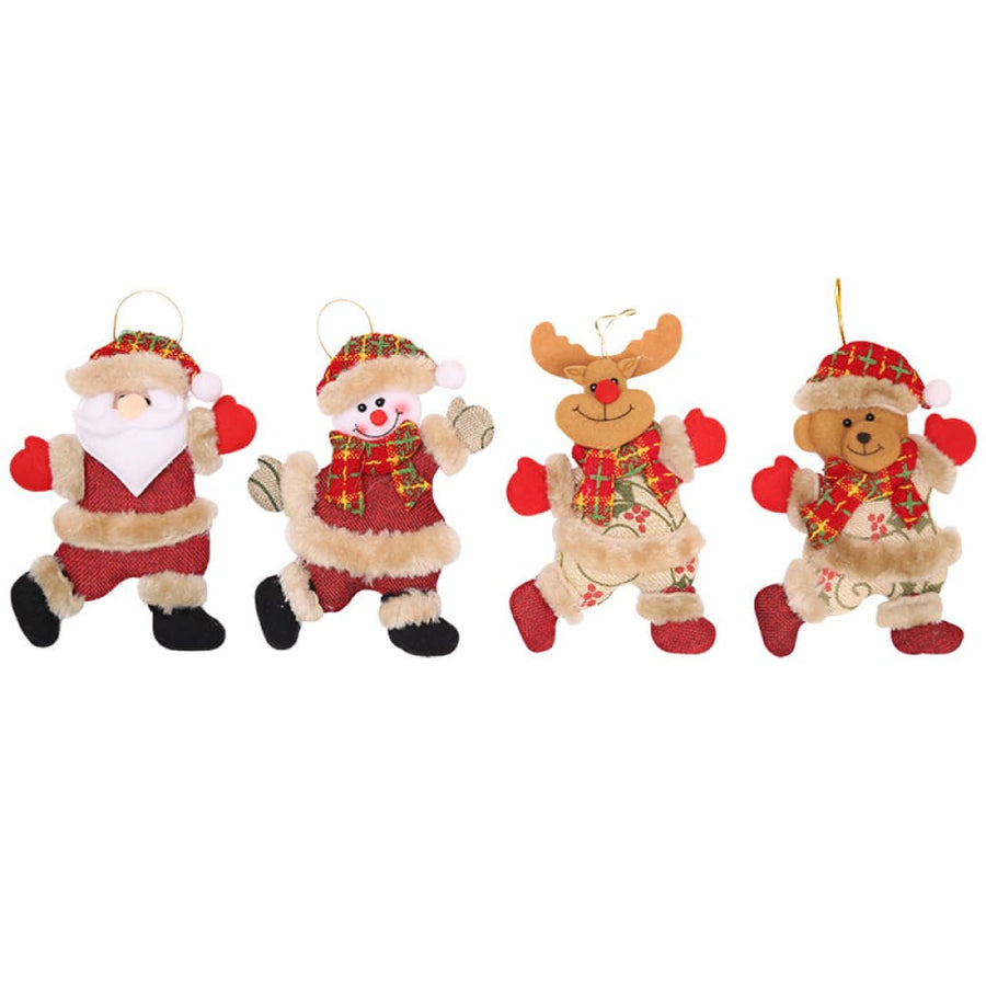 4-piece Christmas character ornaments: Santa, snowman, reindeer, and bear in red and beige with plaid scarves.