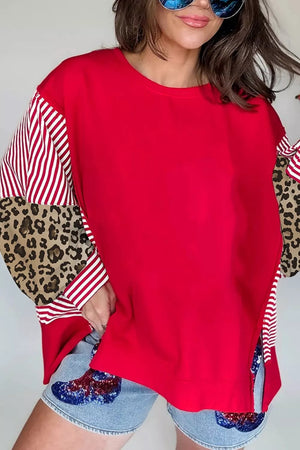 brown sweatshirt featuring patchwork sleeves and patchwork