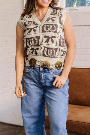 brown sweater vest featuring sleeveless and Western Horseshoe Bow Pattern