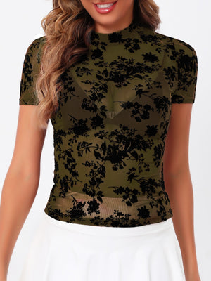 Moss velvet floral mesh mock neck top with short sleeves.