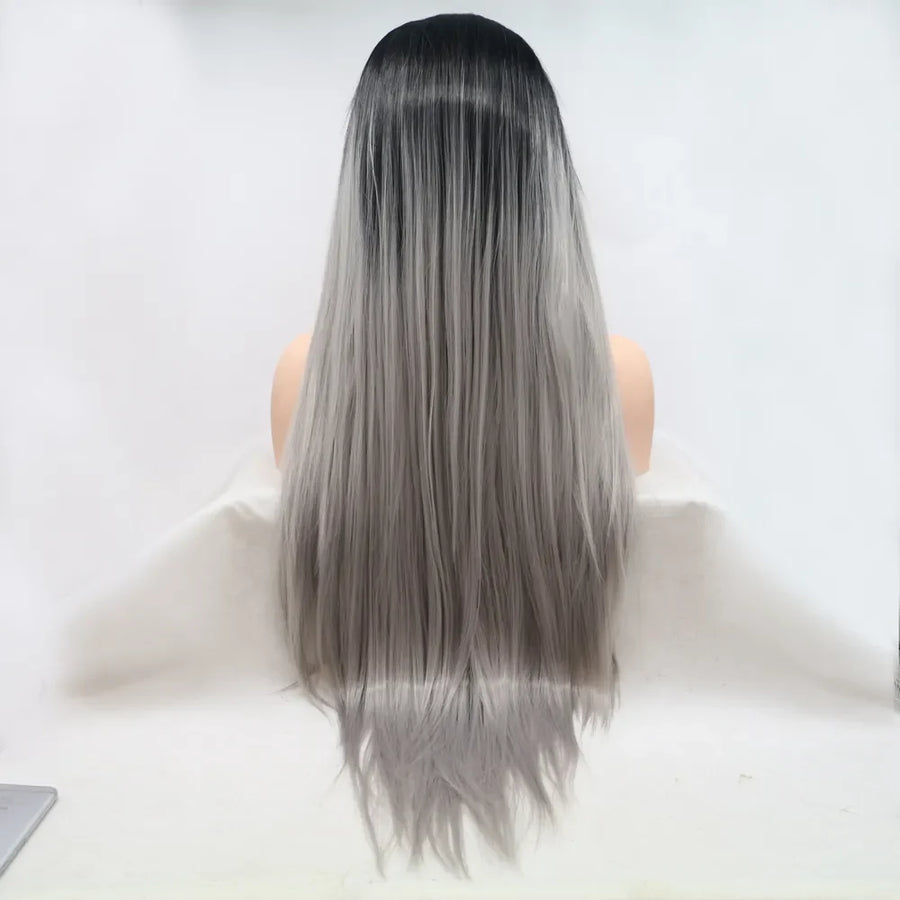 Black/Grey ombre lace front wig with sleek, straight long hair.