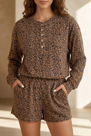 Coffee Brown Leopard Print Long Sleeve Henley Top & Shorts Set