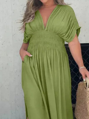 Matcha green V-neck dolman sleeve maxi dress with smocked waist and pockets