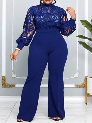 royal blue jumpsuit with lace and mock neck