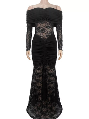 maxi dress featuring lace in Black with 100% polyester Care instructions: Machine wash cold texture