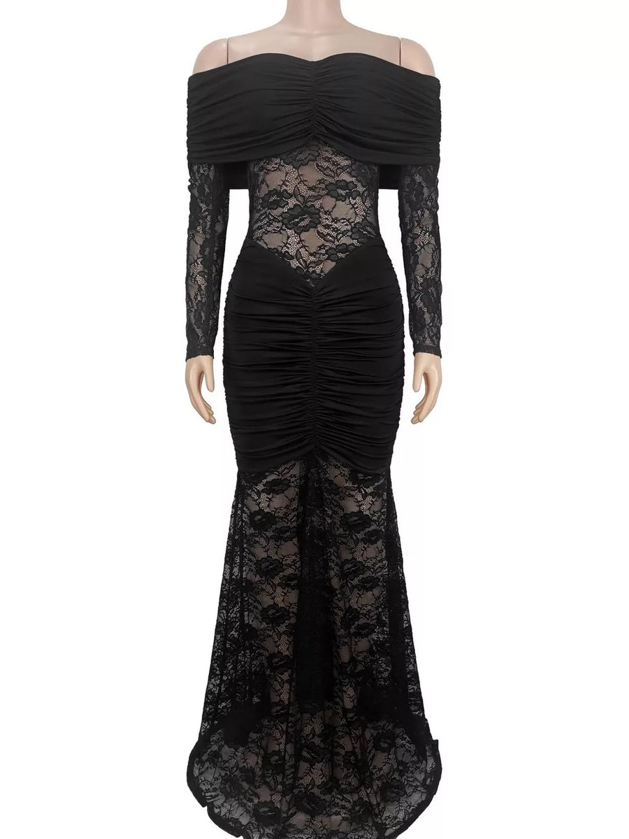 maxi dress featuring lace in Black with 100% polyester Care instructions: Machine wash cold texture