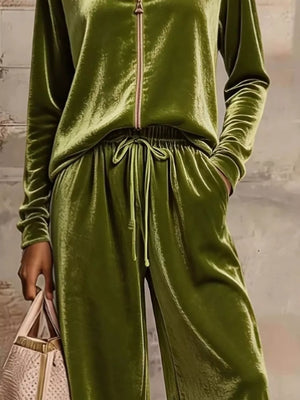 Green pajama set with hip-length, full-length and zip-front, drawstring, elastic