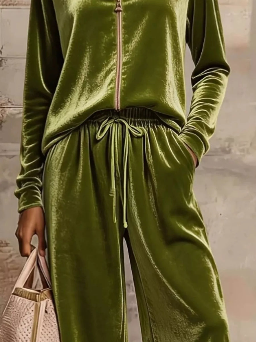 Green pajama set with hip-length, full-length and zip-front, drawstring, elastic