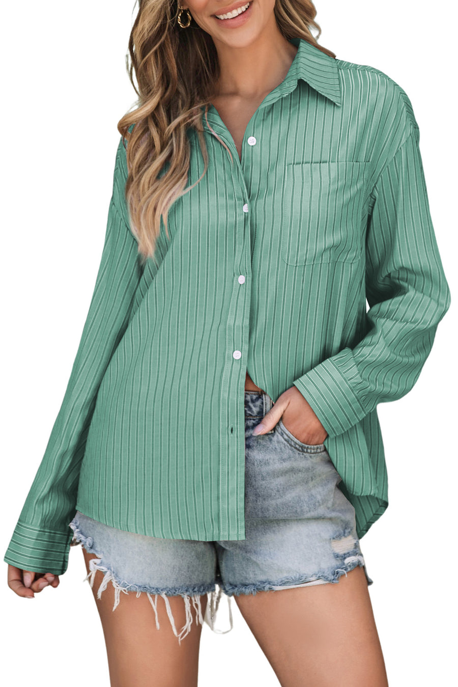 Oversized Sage Stripe Oxford Shirt with button front and chest pocket.