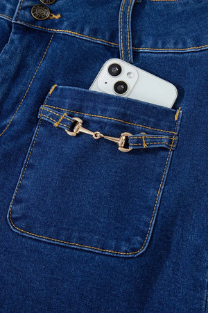 Hardware Decor Patched Pockets Wide Leg Jeans in medium blue with buttoned