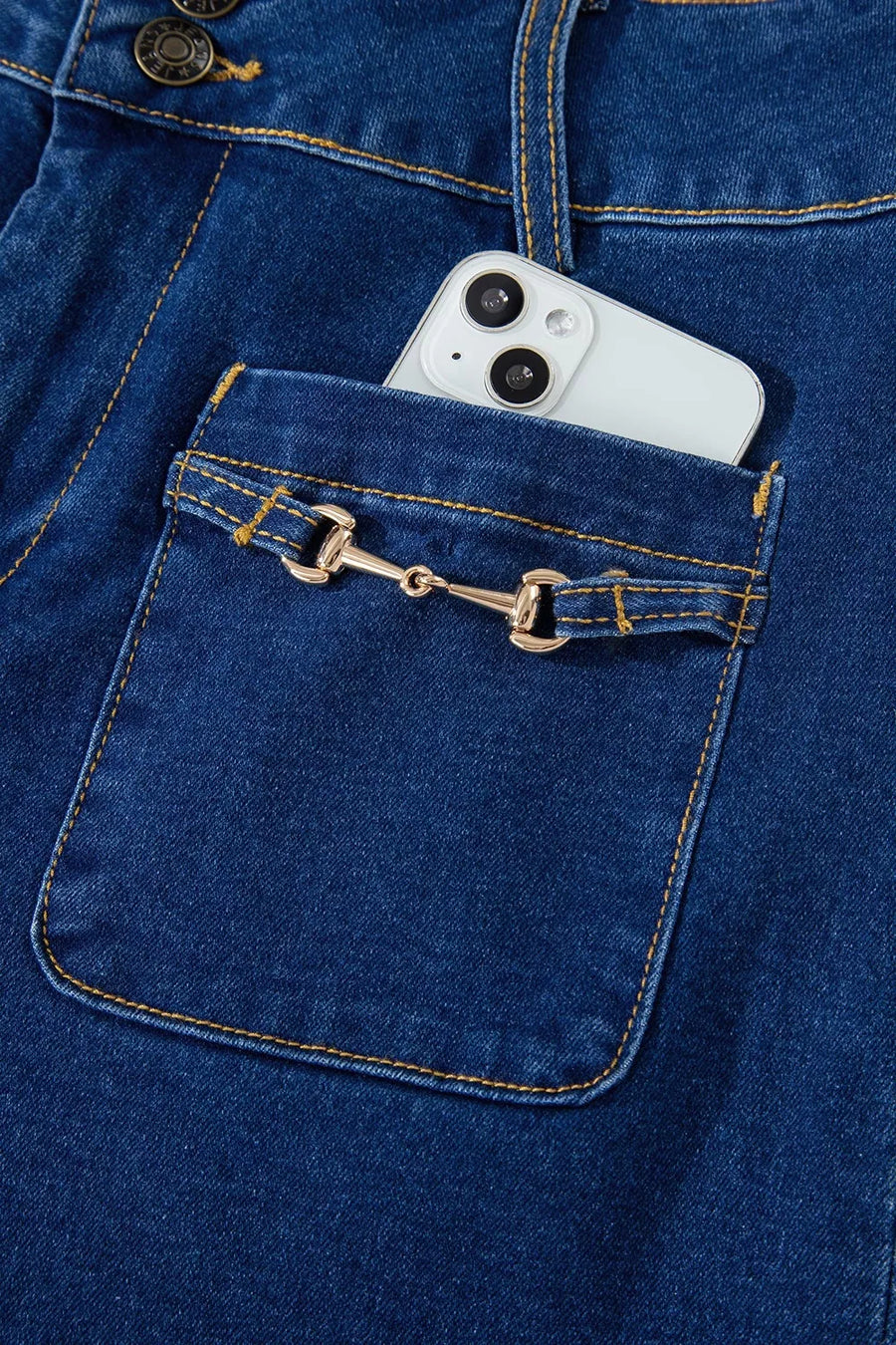 Hardware Decor Patched Pockets Wide Leg Jeans in medium blue with buttoned