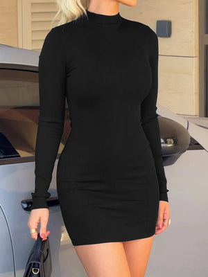 black bodycon dress with ribbed knit and mock neck