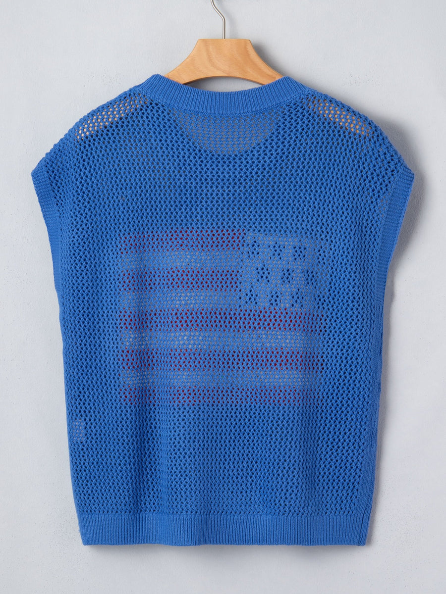 Blue acrylic knit top with an American flag graphic, crew neck, and sleeveless design.