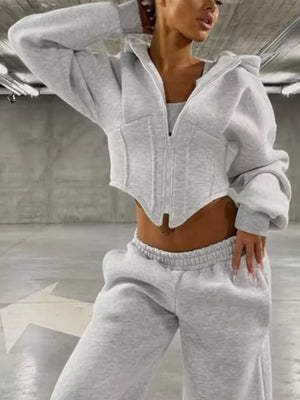 zip hoodie in light gray featuring drawstring and fitted fit