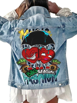 light blue denim jacket with graphic print and collared
