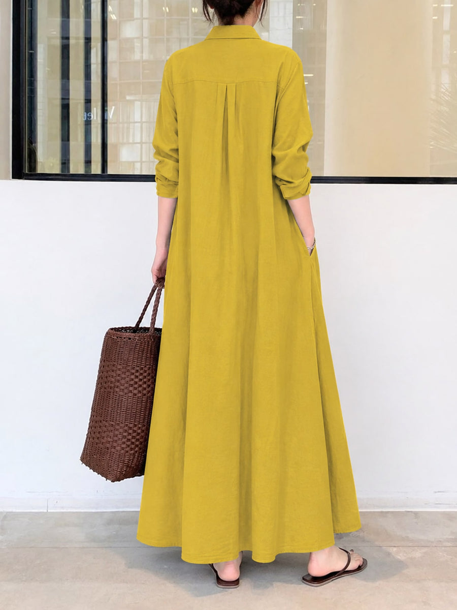 Button Front Long Sleeve Maxi Shirt Dress Plus Size in Light Blue