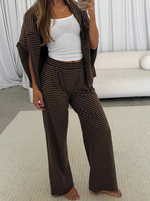 lounge set in Coffee Brown with striped and dropped shoulder