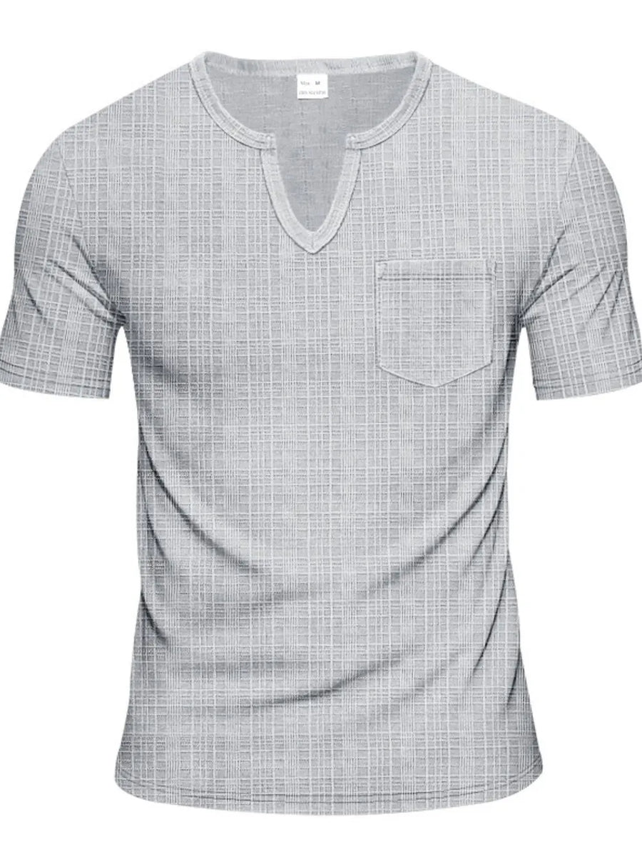 Gray textured notch neck t-shirt with a chest pocket.