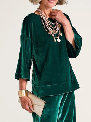 Velvet Boat-Neck T-Shirt With 3/4 Sleeves in Dark Green with stretch
