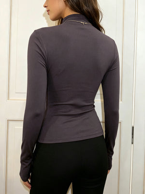 minimalist t-shirt in dark brown with mock neck