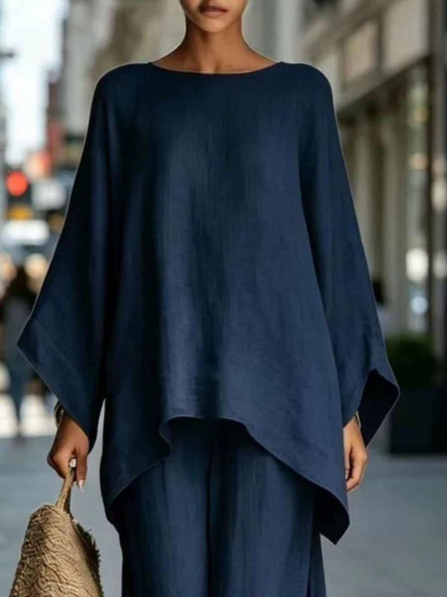 Full Size Batwing Sleeve Top And Wide-Leg Pants Set in Black with batwing sleeve