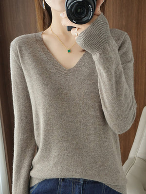 V-Neck Solid Color Sweater in Golden Camel with lightweight