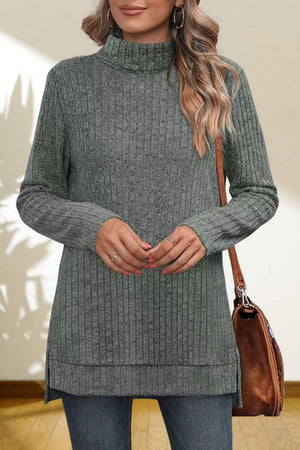 Heather gray ribbed knit turtleneck tunic top with long sleeves and side slits.