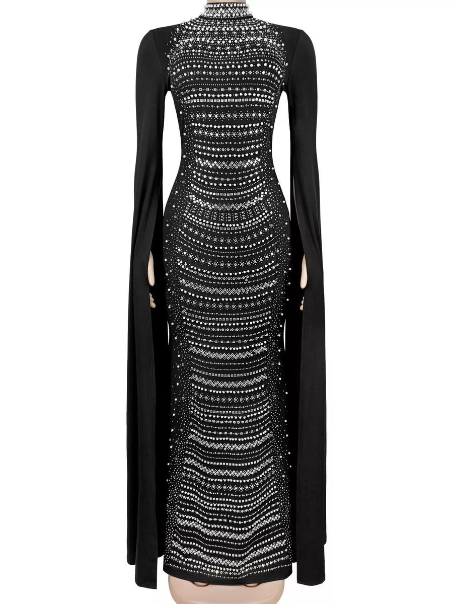 maxi dress in Black with geometric and rhinestone
