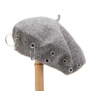 Metal Ring Embellished Beret Hat in Pink with metal rings
