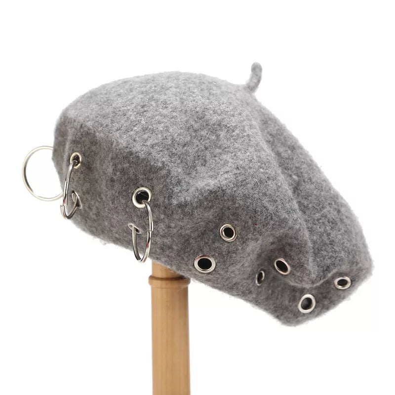 Metal Ring Embellished Beret Hat in Pink with metal rings