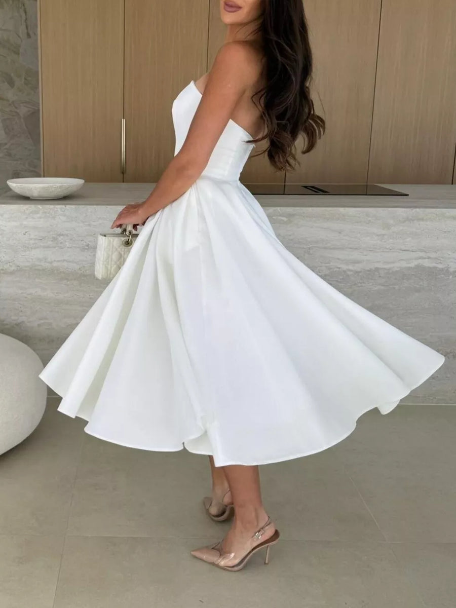 A-line dress in beige with strapless and sleeveless