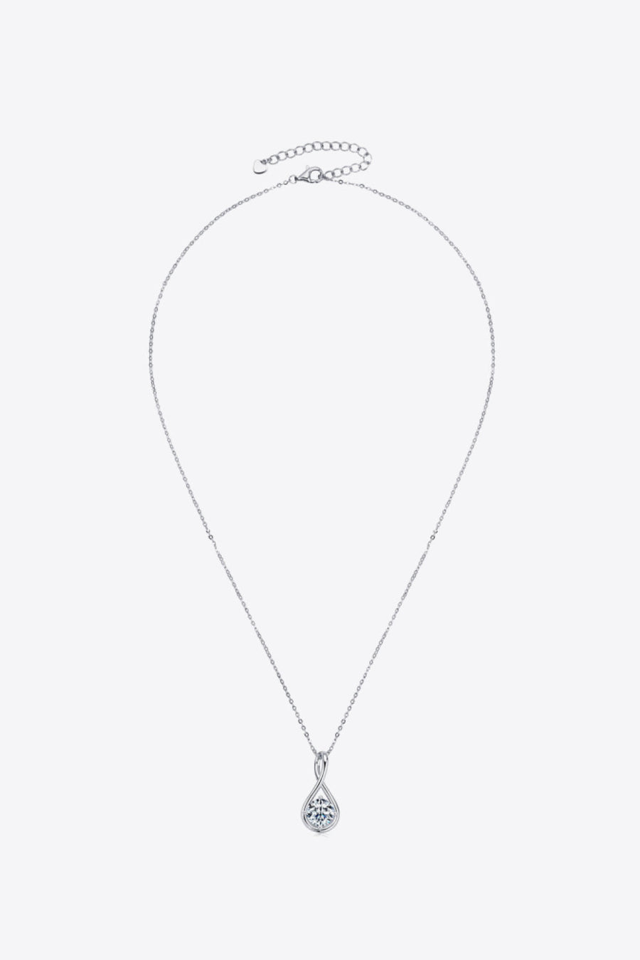 Silver infinity teardrop pendant necklace with a clear stone on a delicate chain.