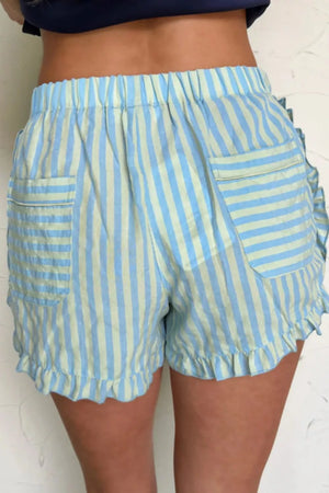 Blue and green striped cotton shorts with ruffled hem and pockets.