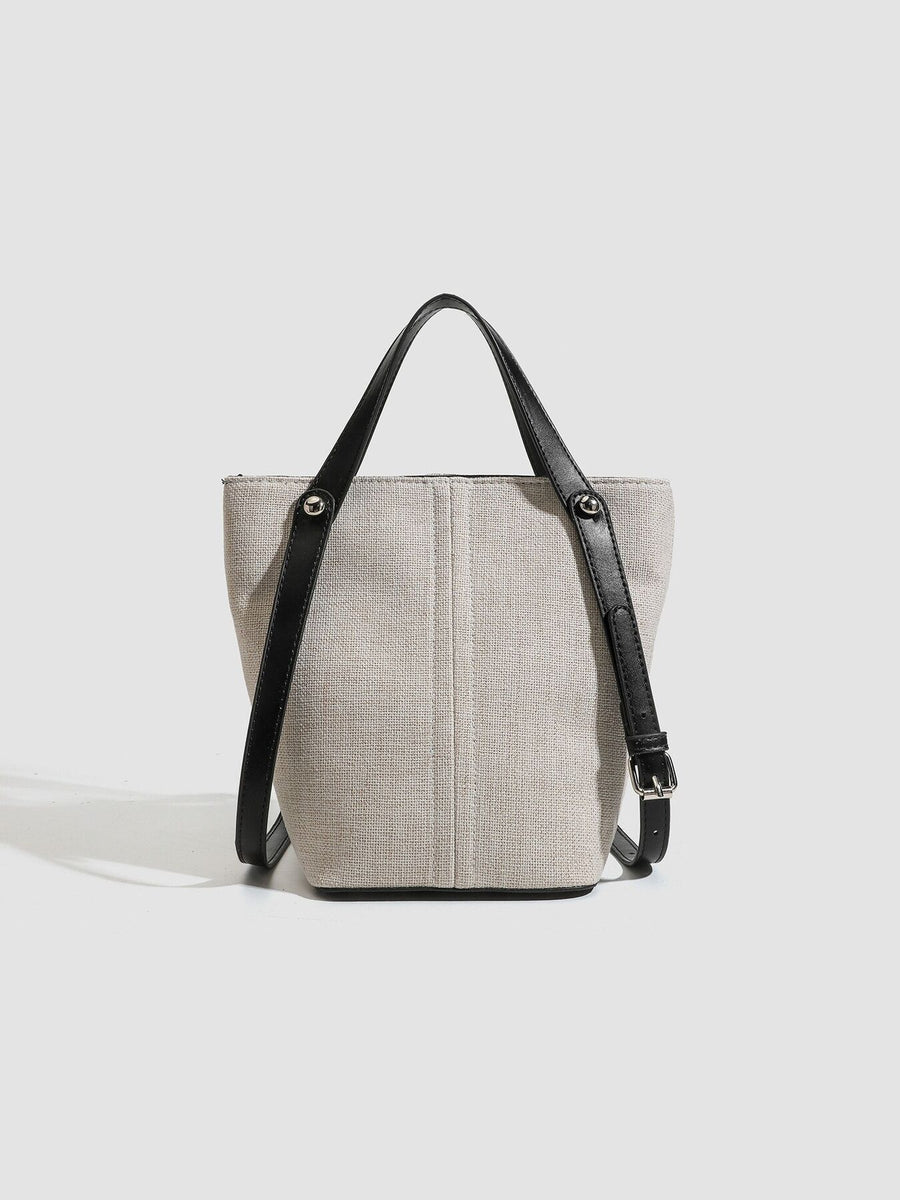 Canvas Bucket Handbag Tote Bag With Leather Straps in black with adjustable strap