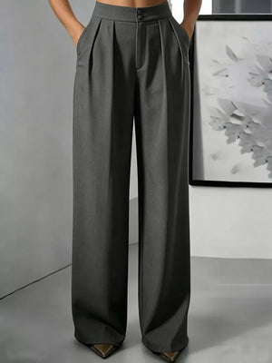 Button-down Pleated Pants in Dark Gray with high-waisted