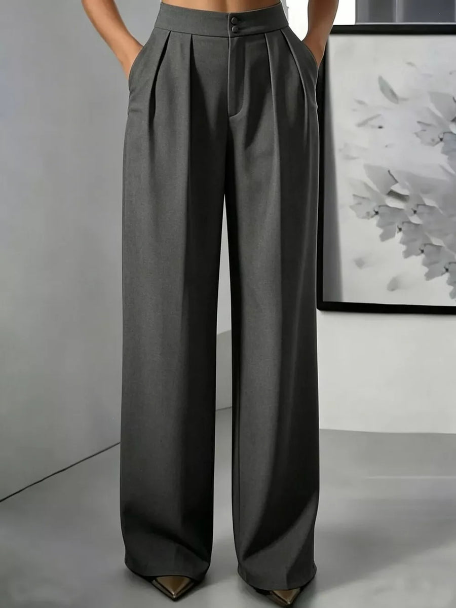 Button-down Pleated Pants in Dark Gray with high-waisted