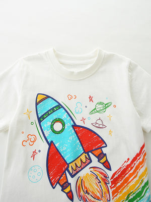 White cotton crew neck t-shirt with a colorful rocket ship and space graphic.