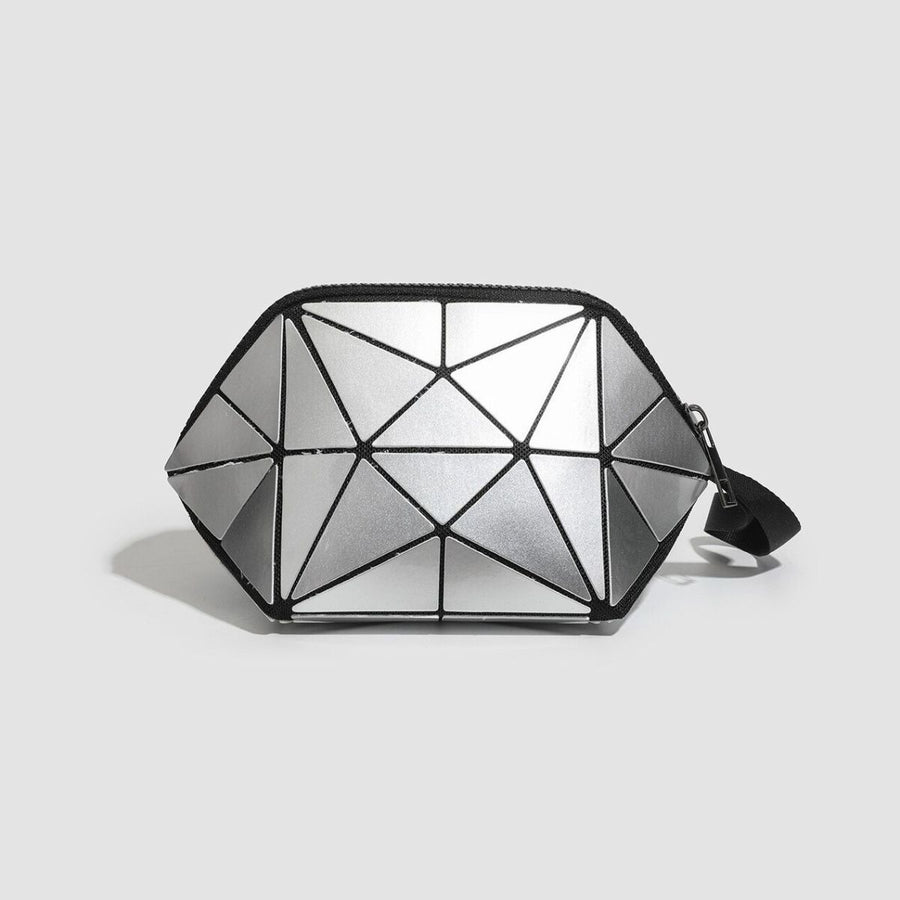 clutch featuring geometric in silver with PVC Imported Size & texture