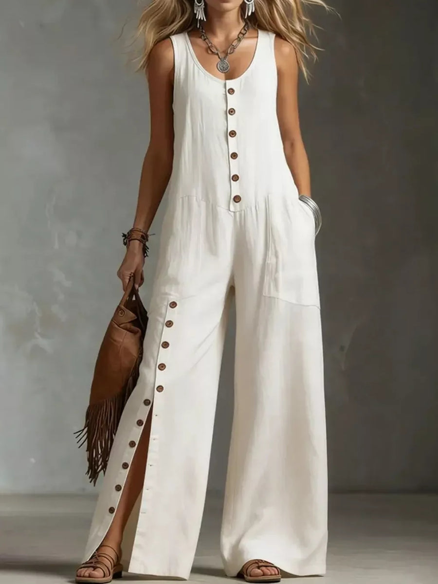 Green relaxed jumpsuit with scoop neck
