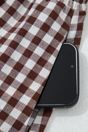 Gingham midi dress in taupe cotton with a hidden phone pocket detail.