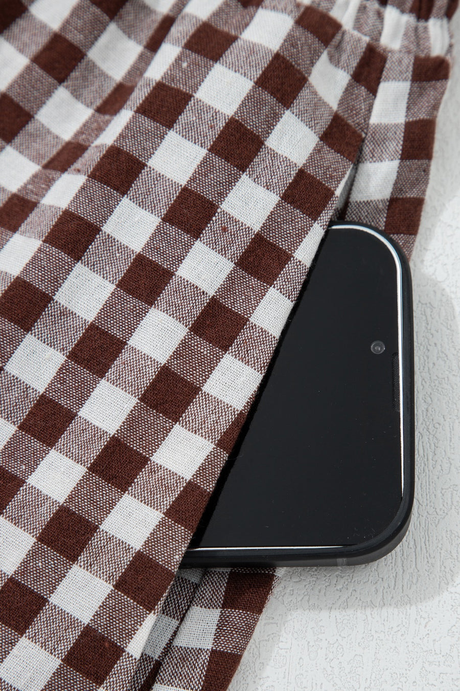 Gingham midi dress in taupe cotton with a hidden phone pocket detail.