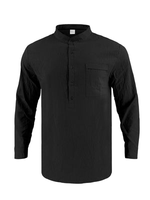 Black cotton band collar button-down shirt with chest pocket