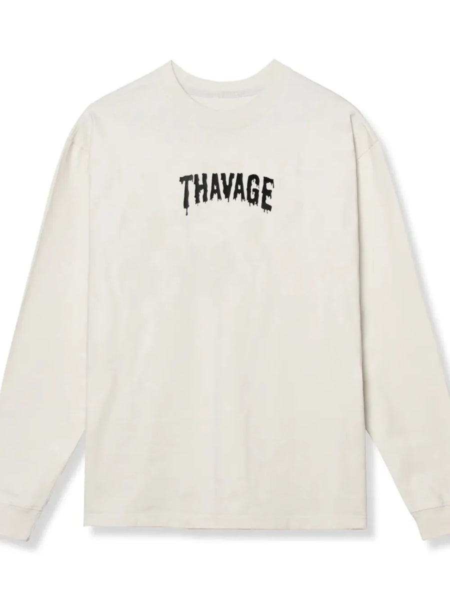 White long sleeve t-shirt with black dripped logo graphic on chest