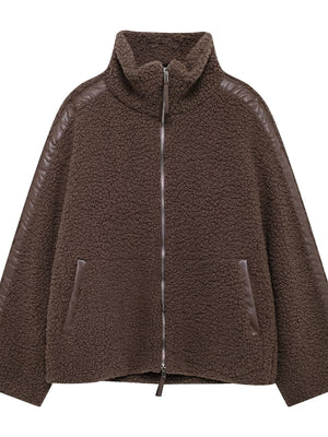 sherpa jacket in cream with zipper and hip-length