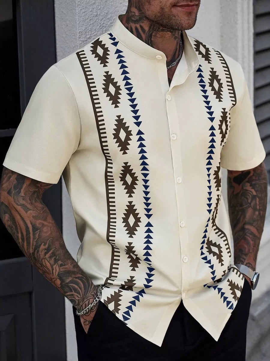 dark brown button-up shirt featuring buttoned and geometric