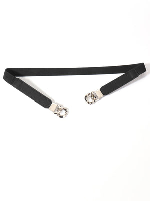 Black faux leather elastic belt with silver chain detail and silver hardware.